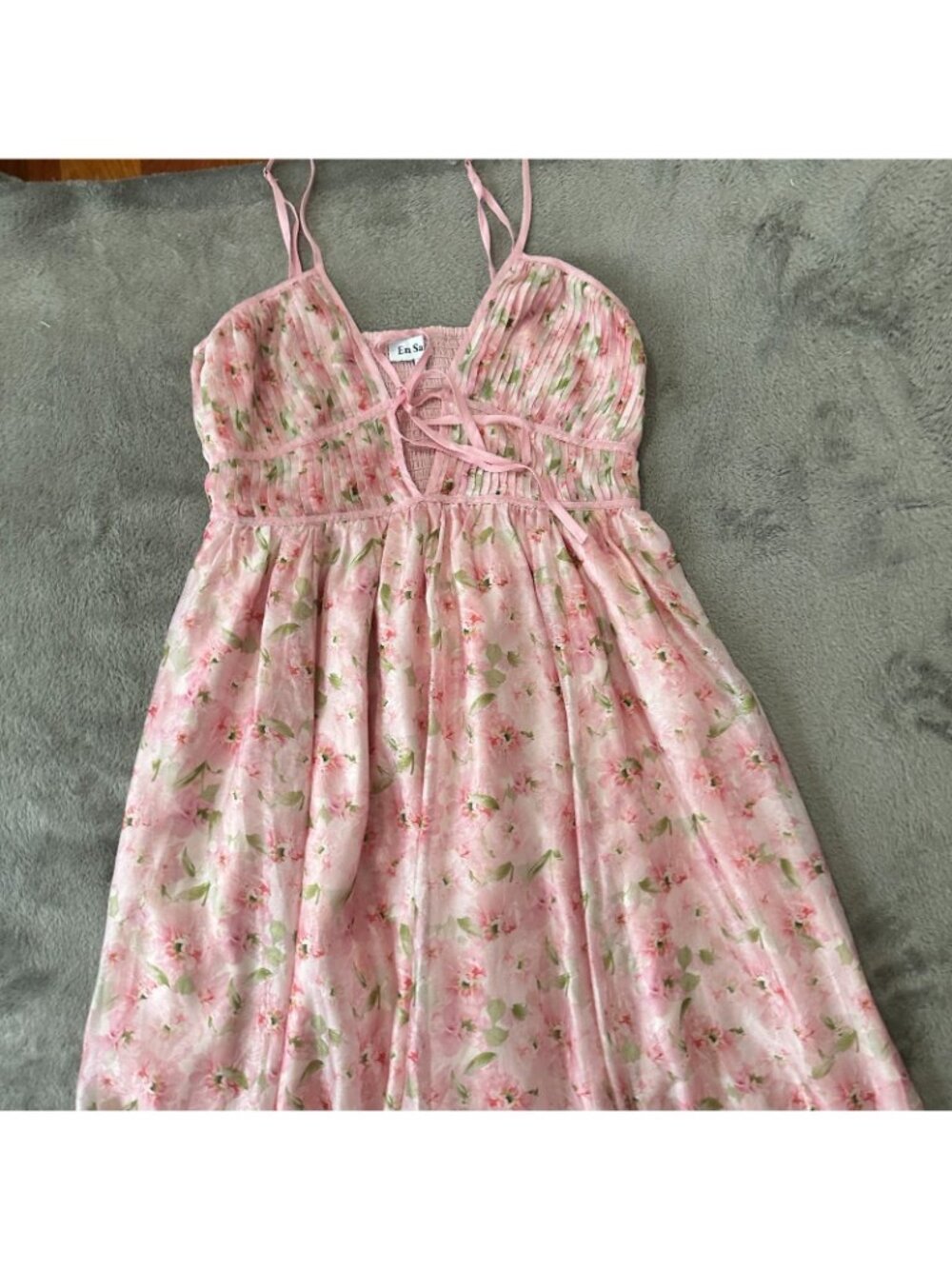 En Saison Pink Romantic Pleated Tie Front Midi Dress Women's SMALL Fairy Floral - Picture 2 of 7